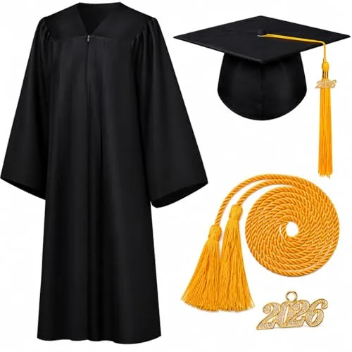 4 Piece 2026 Unisex Graduation Matte Gown Cap Tassel Stole Set, Black, product photograph
