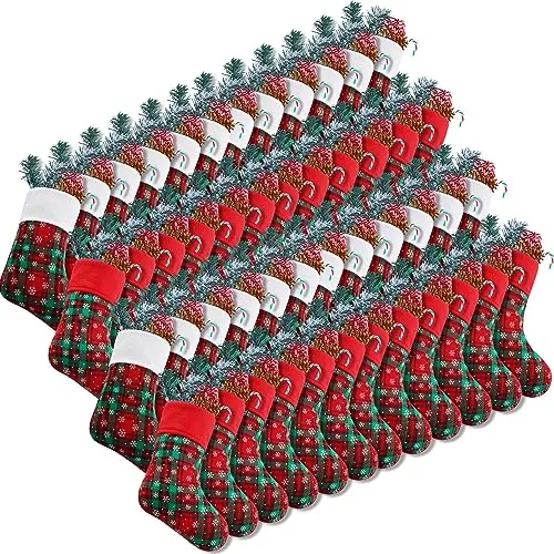 100 Piece 9 Inch Christmas Mini Stockings Plaid Snowflake Christmas, Red, product photograph