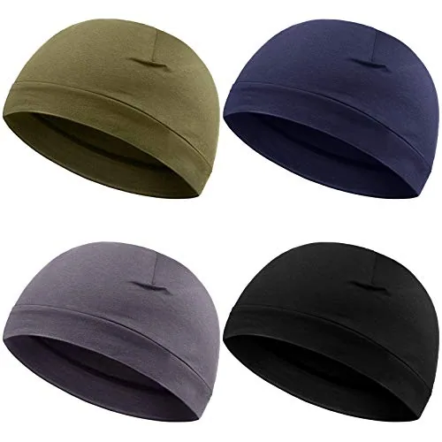 Four cotton skull caps in olive, navy, grey and black